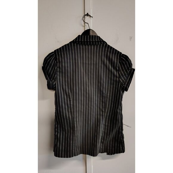 Vanity Small Black White Pinstripe Women's Button-Up Cap Sleeve Blazer - Picture 2 of 5